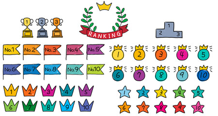 シンプルでポップなカラフル手描き風ランキングアイコンセット（デコボコ線・塗り残し・ハミ出し含む）1