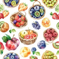 Seamless watercolor baskets of fruits pattern on white background drawing abstract illustration