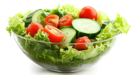 Fresh salad of lettuce, cucumber, and cherry tomatoes in a glass bowl.
