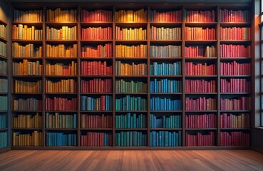 Fototapeta premium Full wall bookshelf with colorful books. Modern library interior with rainbow book cabinet. Books collection for reading, learning, studying at home, in office. Perfect educational science background