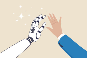 Working together with AI Artificial Intelligence, human cooperate with machine or robot, AI help or support coworker, assistance or partnership concept, businessman hand high five with robot hand.