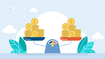 Weighing Scales with dollar and bitcoin coins, Compare Financial Balance, Exchange Rates, Exchange of Money Scales. Overweight cryptocurrency. Business concept. Exchange rate. Vector illustration