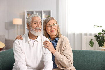 Happy elderly couple on sofa at home. Space for text