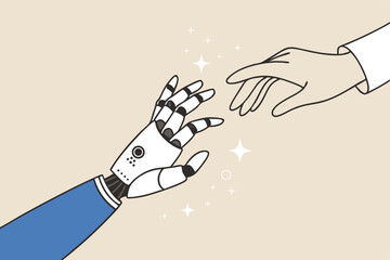 Working together with AI Artificial Intelligence, human cooperate with machine or robot, AI help or support coworker, assistance or partnership concept, businessman hand high five with robot hand.
