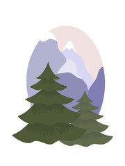 An element of a mountain landscape, where evergreen trees are visible in the foreground in a quiet setting, and majestic snow-capped mountains rise in the background. The colors softly blend, creating