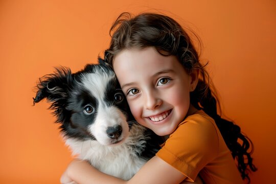 Happy Girl Hugging Puppy Against Orange Background