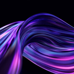 Abstract fluid holographic iridescent purple curved wave in dark background 3d render. Gradient design element for backgrounds, wallpapers, posters and covers