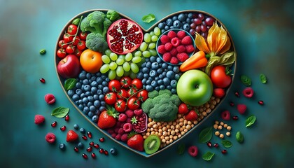 A colorful heart-shaped collection of fruits and vegetables symbolizing healthy living.
