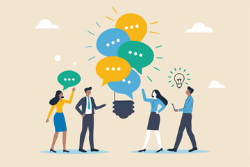 Effective communication, meeting discussion or conversation solution, speak or telling intelligence information, team opinion new idea concept, business people discuss with lightbulb speech bubble.