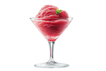 A refreshing raspberry granita, a perfect summer treat, served in an elegant martini glass against a bright white background.