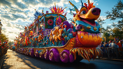Large, colorful float with a smiling face on it is being pulled by a boat down a street