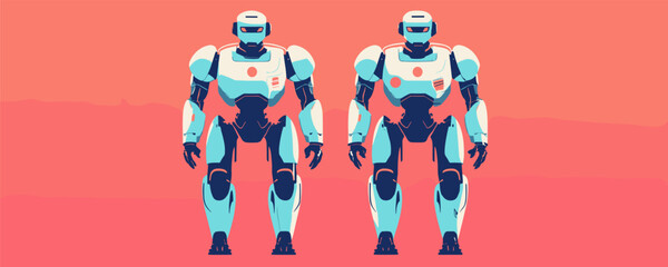 Futuristic twin robots with armour on pink gradient background, vector