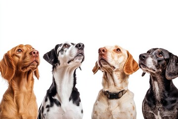 Dogs looking up, each one on its own white background. Generative AI