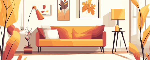 Cozy autumn living room with yellow sofa and fall decor - vector