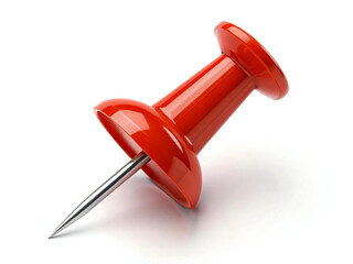 A red push pin positioned on a plain white background, highlighting its vibrant color and simple design