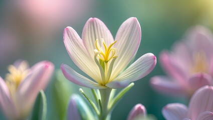 Obraz premium Close-up of a delicate, pink crocus flower with yellow center and sunlight