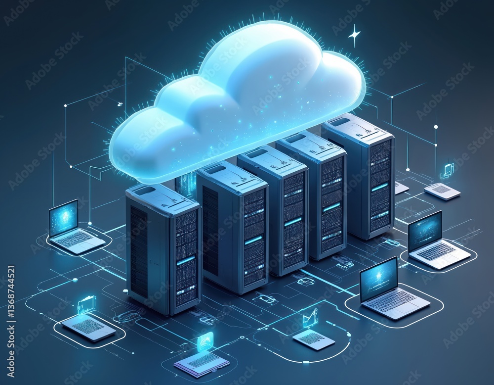 Poster conceptual image cloud computing, data storage. data center servers connect to digital cloud. laptop