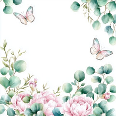 Fototapeta premium Watercolor hand painted nature romantic banner frame with green eucalyptus plants, pink blossom peony flowers and butterflies on the white background for invitations and greeting cards, invitations 