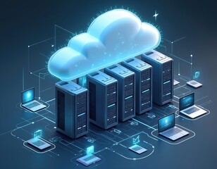 Conceptual image cloud computing, data storage. Data center servers connect to digital cloud. Laptops connect to network. Technology service, cyberspace, online information transfer. Modern global