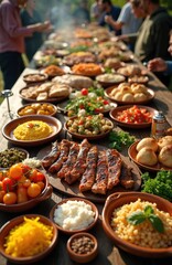 Obraz premium Traditional Romanian food platter. Grilled meat, polenta, vegetables at outdoor camping, dining table. Romantic atmosphere. Moldavian dishes outside. Food, family, friends enjoying delicious meals on