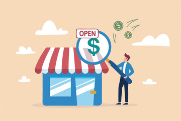 Business evaluation, analyze company worth or market value, merger and acquisition to determine corporate valuation, revenue profit or earning concept, businessman evaluate company with dollar money.