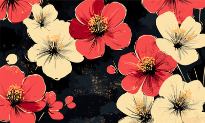Red and white blossoms on dark background - floral pattern vector