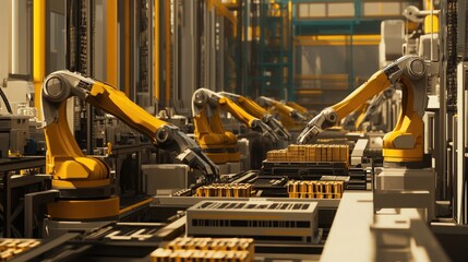 A series of robotic arms working in a vast, automated warehouse, producing goods at a fast pace with highly advanced machinery around them.