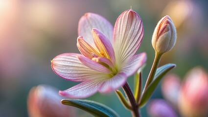Fototapeta premium Close-up of a delicate pink flower with a closed bud, bathed in sunlight