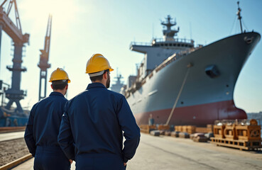 Two workers in uniform hardhats at shipyard. Ship under construction, large vessel dock. Naval industrial engineering, maritime transport, ocean freight. Maritime industry professionals at work.