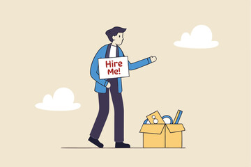 Hire me looking for job, unemployed or layoff employee, candidate searching for new work career, job seeker or applicant find vacancy concept, unemployed businessman holding sign hire me to employer.