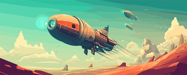 Naklejka premium Retro-futuristic spaceship voyage in alien desert landscape with flying ship vector