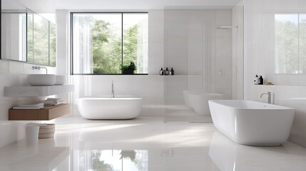 Modern, bright bathroom with two tubs and vanity.  Spacious, minimalist design with natural light