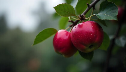 Ripe red apple close-up with apple orchard in background, Close-up of bright red apples on an apple tree branch, wet from a recent rain, lush green leaves, overcast sky, created with generative ai