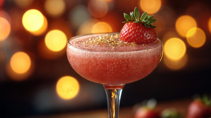 Image of a strawberry daiquiri cocktail at the bar of a late night bar