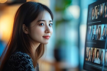 Young Asian businesswoman work at home and virtual video conference meeting with colleagues business people, online working, video call due to social distancing at home