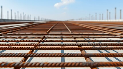 Steel reinforcement cage for a shear wall under preparation, industrial worksite environment, ultra-clear sharp lighting