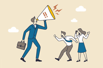 Shouting warning message, caution or alert attention, safety or danger announcement, risk or important information, beware or careful sign, businessman shouting on megaphone with exclamation sign.