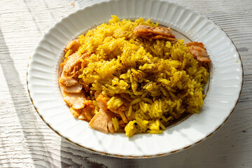 Indian Chicken Biryani Spices on white Plate