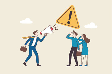 Shouting warning message, caution or alert attention, safety or danger announcement, risk or important information, beware or careful sign, businessman shouting on megaphone with exclamation sign.