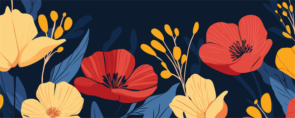 Colorful floral pattern with red poppies and yellow blooms on dark background, vector