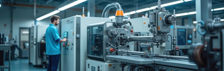 Technician monitors injection molding machine gauges. Plastic components manufacturing process in industrial plant. Specialist controls temperature, pressure. Automation engineering, product quality