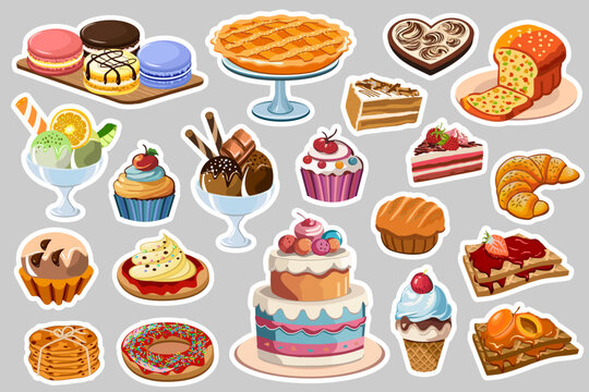 Collection of stickers and decals with desserts.Vector color set of sweet desserts in stickers and decals on a gray background.