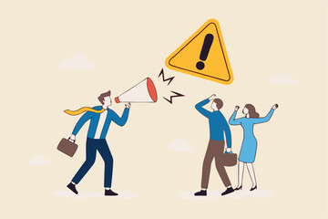 Shouting warning message, caution or alert attention, safety or danger announcement, risk or important information, beware or careful sign, businessman shouting on megaphone with exclamation sign.
