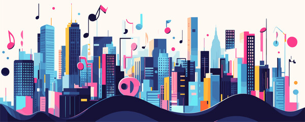 Colorful music-themed cityscape with musical notes and buildings - vector