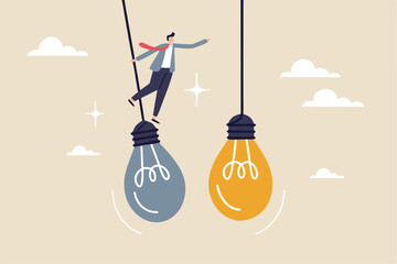 Change or transformation to new opportunity, change to new job, better career, improvement or move to different company, decision for new chance concept, businessman jump from old to bright lightbulb.
