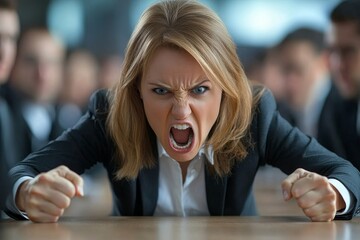 Female top manager or team leader quarreling at employees, dissatisfied with their work during a conference in the meeting room
