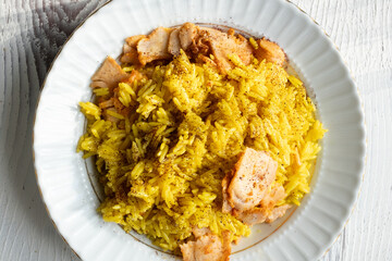 Indian Chicken Biryani Spices on white Plate