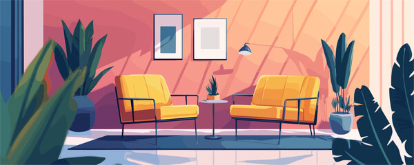 Modern living room interior with yellow chairs and plants - vector