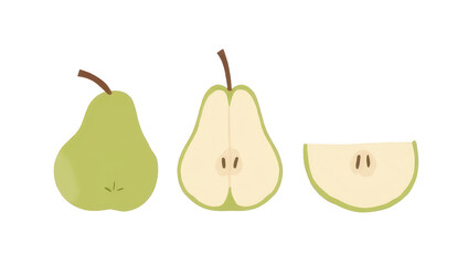 Green Pear Fruit Illustration: Whole, Halved, and Sliced