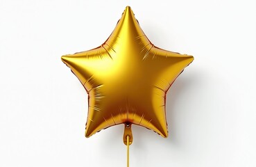 Gold star helium balloon decoration on white background. Perfect for party, holiday celebration, birthday or wedding. Festive element, fun air object. Gift, surprise, happy event with bright colours.